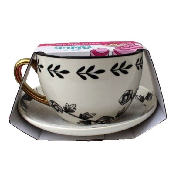 New Disney Alice in Wonderland Teacup w Saucer Set 16 oz Black White Gold Handle - Picture 3 of 3